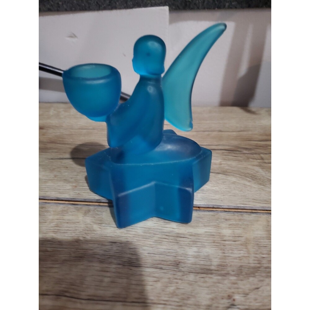 LE Smith Glass Angel Candle Holder Blue Satin Frosted Glass Vintage